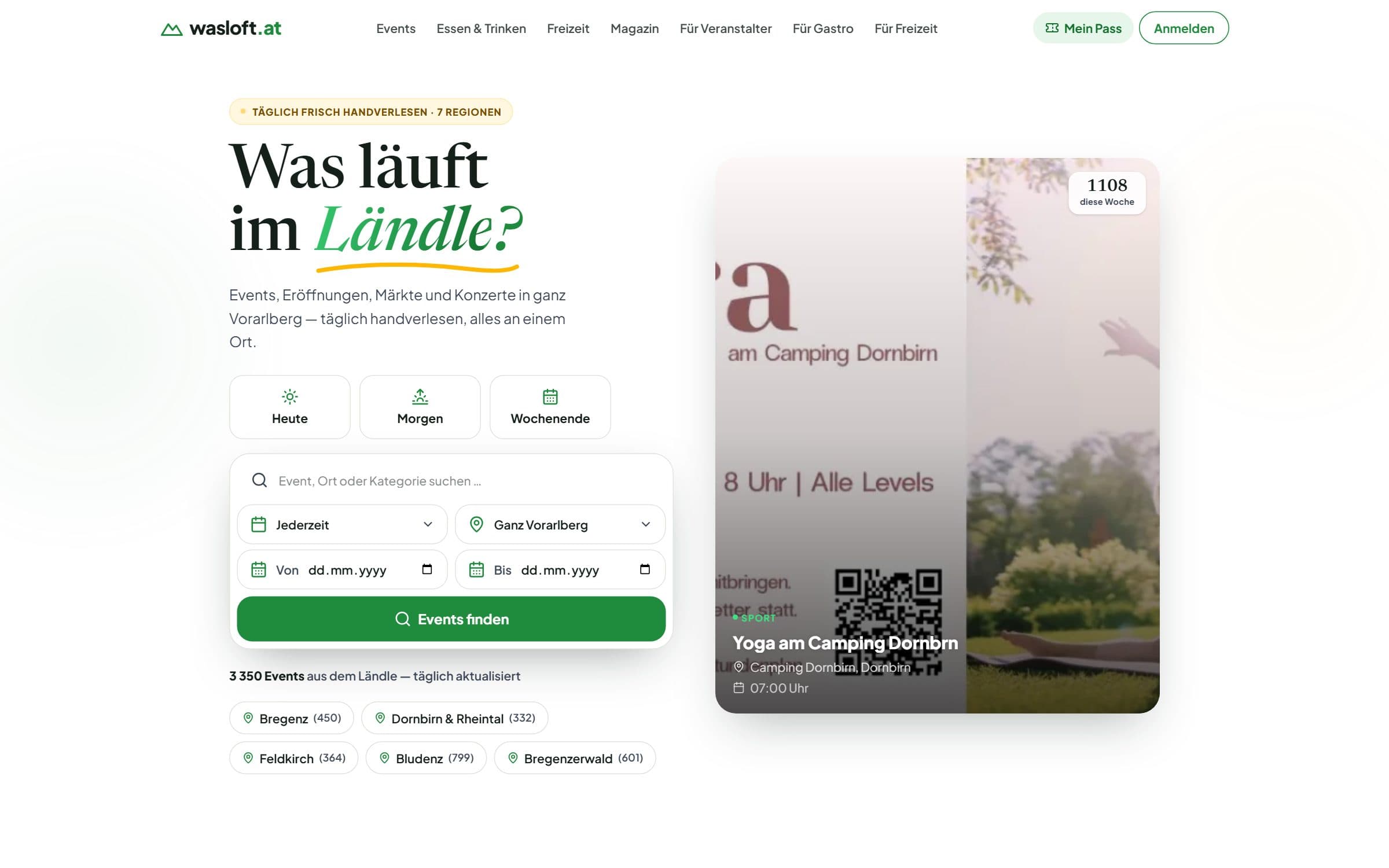 Startseite von wasloft.at mit Suchfeld, Zeitfiltern und Regionsauswahl